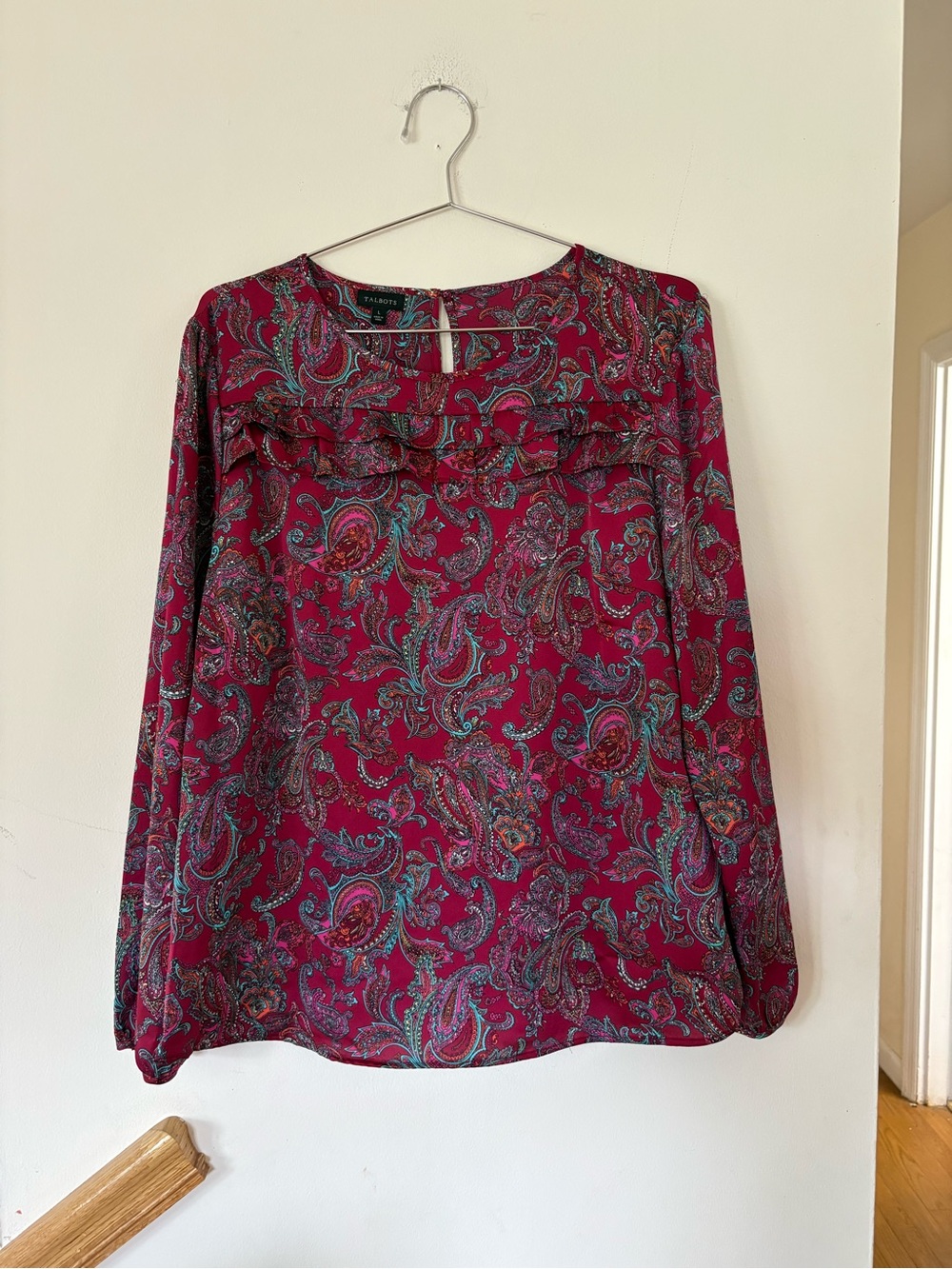 Talbots Burgundy Paisley Ruffle-Front Long-Sleeve Blouse